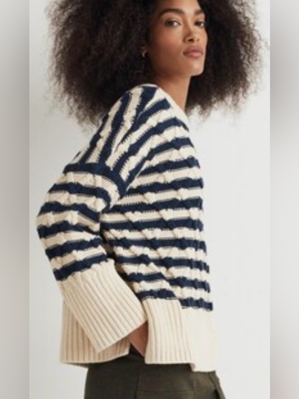 Madewell Striped Cable-Knit Crewneck Sweater
Navy and Cream
Large